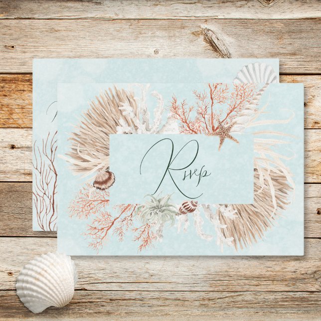 Moderne Hochzeitsstiftung des Aqua Ocean Muscheln  RSVP Karte (Modern Aqua Ocean Shells QR Code Wedding RSVP Card)
