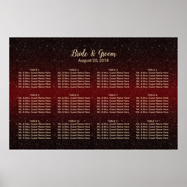 Moderne Hochzeitstabelle für Burgunder Roter Glitz Poster (Vorne)