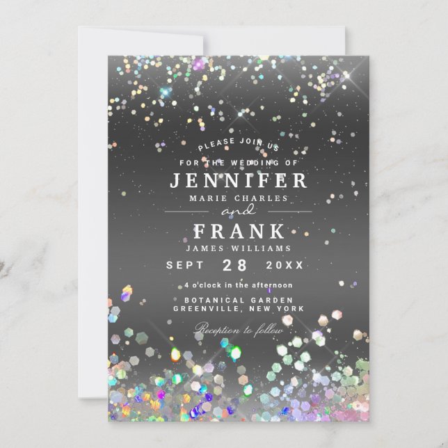 Moderne holografische Funkelnd Glitzer Black Weddi Einladung (Vorderseite)