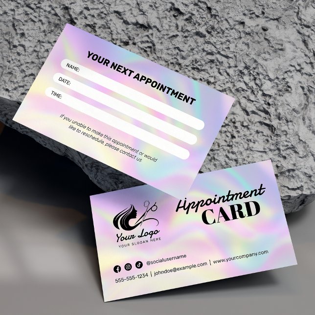 Moderne Holographic Hair Salon Logo & Social Media Terminkarte (Von Creator hochgeladen)