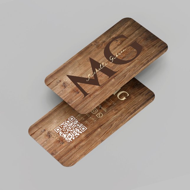 Moderne Holzbearbeitungs Monogram Teak Wood Initia Visitenkarte (Modern Woodworking Monogram Rustic Teak Wood Initials QR Business Card
)