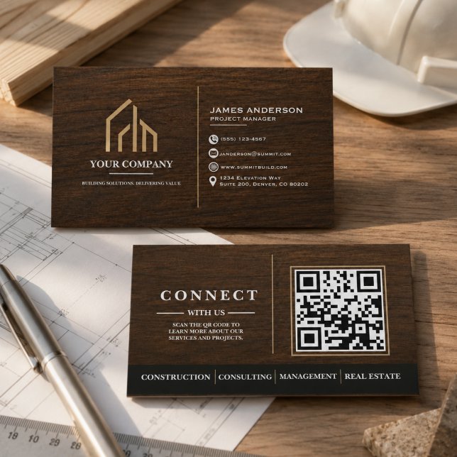 Moderne Holzkorn-QR-Code-Konstruktion Visitenkarte (Modern Wood Grain QR Code Construction Business Card
)