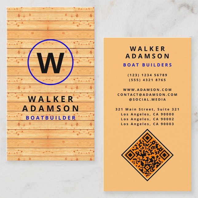 Moderne Holzmaseroptik - Monogrammierter QR-Code Visitenkarte (wood business card)