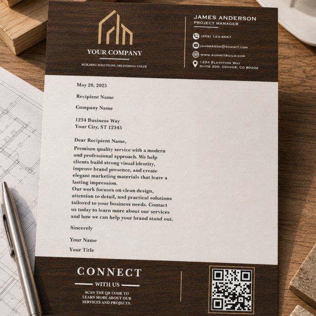 Moderne Holzmaserung QR-Code-Konstruktion Briefbogen (Modern Wood Grain QR Code Construction Letterhead
)