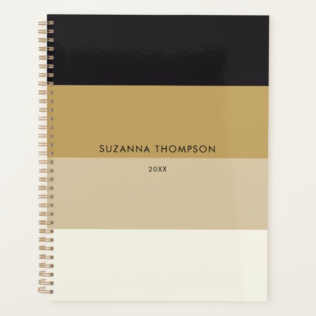 Moderne horizontale Streifen Schwarz-Gold Farbtöne Planer (Vorderseite)