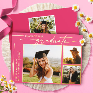Moderne Hot-Pink-Script-Abschlussfoto-Abschlussfei Folieneinladung