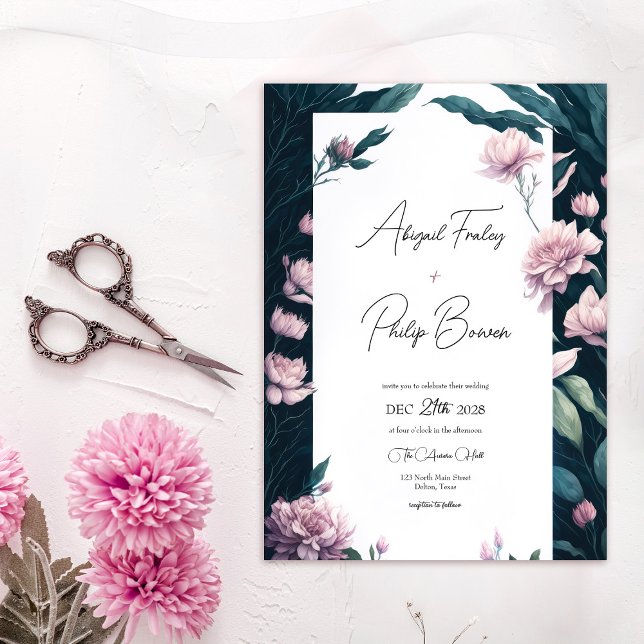 Moderne Hübsche Pink Peony Emerald Blätter Wedding Einladung (Von Creator hochgeladen)