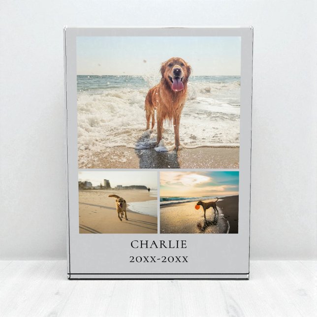 Moderne Hund Andenken Grau Personalisierte Haustie Fotoblock (Modern Dog Keepsake Gray Personalized Pet Collage Photo Block)