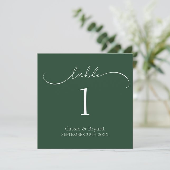 Moderne Hunter Green Script Hochzeitsskrippe-Tisch Programm (Stehend Vorderseite)