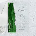 Moderne Hunter Green Silver Agate Hochzeit Acryleinladungen<br><div class="desc">Der links Rand dieser eleganten,  modernen Hochzeitseinladung besticht durch einen Jäger-grünen Aquarellstreifen,  der mit Imitaten aus silberem Glitzer bestickt ist. Der anpassbare Text kombiniert handschriftlich,  kopperplate und kursiv Schriftart in Holzkohlegrau auf einem klaren Hintergrund.</div>