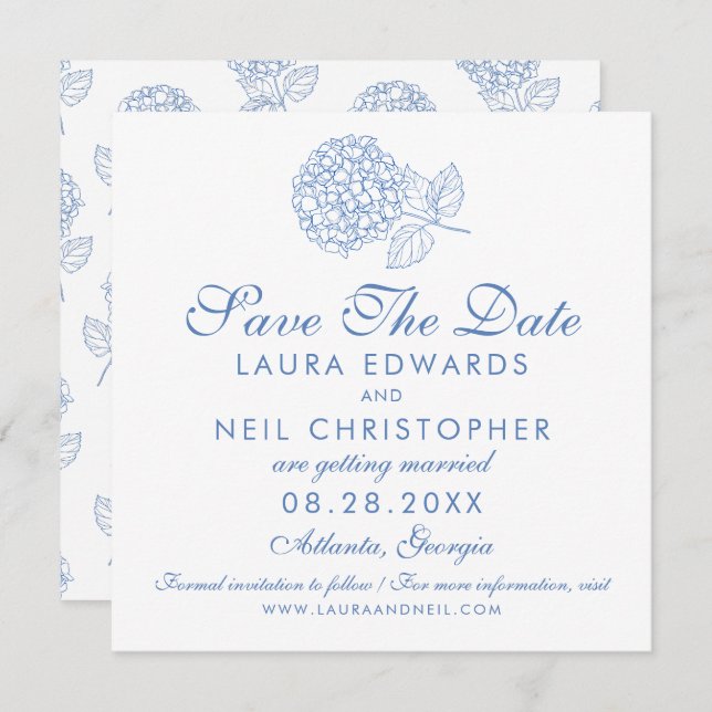Moderne Hydrangea Dusty Blue Floral Wedding Save The Date (Vorne/Hinten)