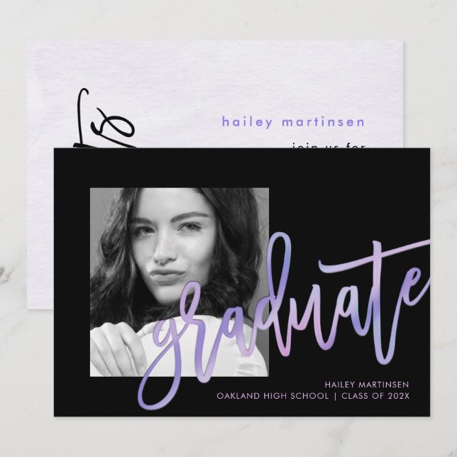 Moderne Ice Lila Ombre Foto Graduation Party Einladung (Vorne/Hinten)