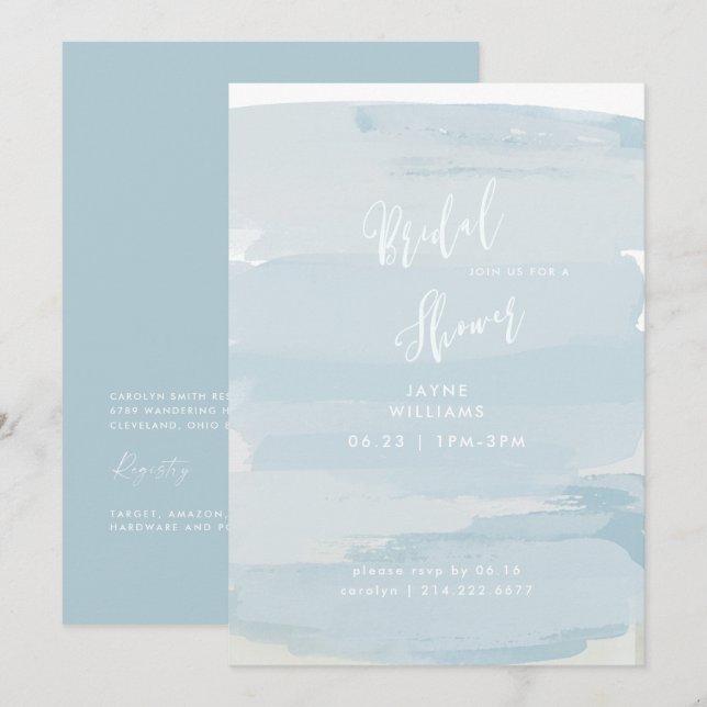 Moderne Icy Blue und White Bridal Dusche Einladung (Vorne/Hinten)