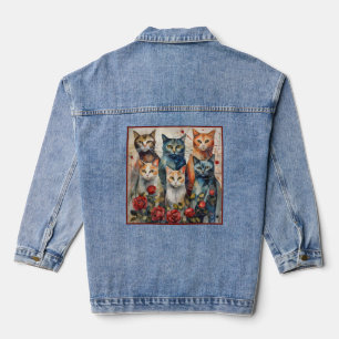 Moderne Illustration von sechs Katzen und Rosen Jeansjacke