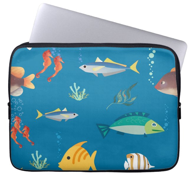 Moderne illustrierte Fische und Seepferdchen Muste Laptopschutzhülle (Vorderseite)