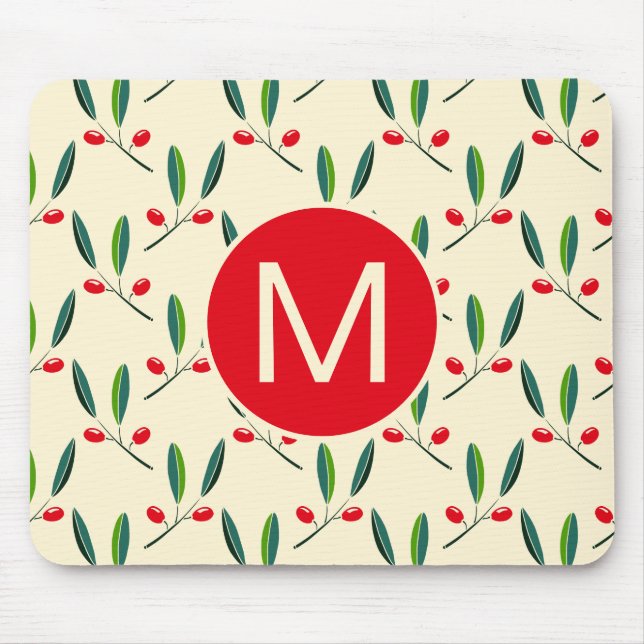 Moderne illustrierte rote Beeren Muster Monogramm Mousepad (Vorne)
