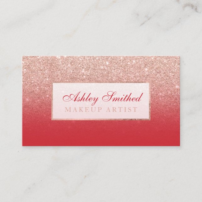 Moderne Imitat Rose Gold Glitzer Rot Ober Make-up Visitenkarte (Vorderseite)