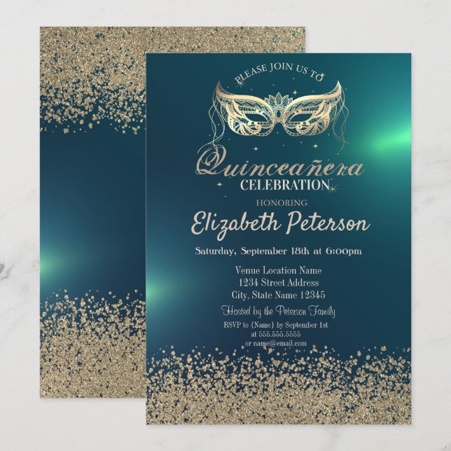 Moderne Imitate Gold Diamonds, Masquerade Quinceañ Einladung (Vorne/Hinten)