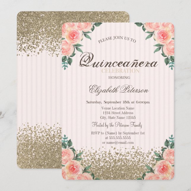 Moderne Imitate Gold Diamonds Rose Stiped Quinceañ Einladung (Vorne/Hinten)