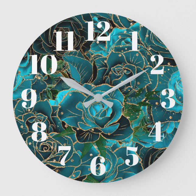 Moderne Imitate Gold Glitzer Aquamarine Rose Glam Große Wanduhr (Vorderseite)