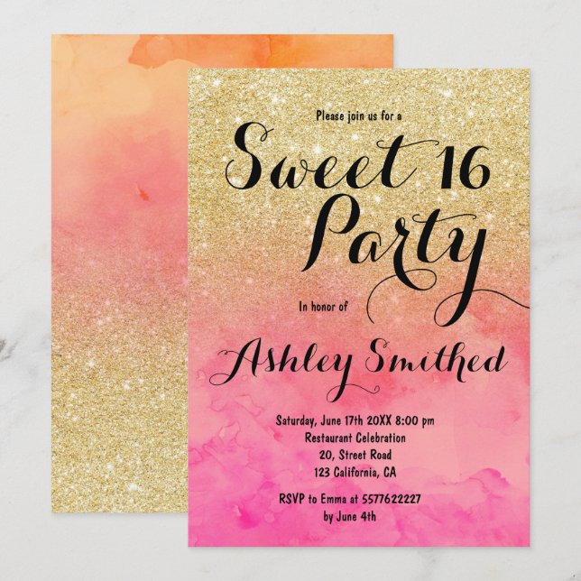 Moderne Imitate Gold Glitzer Rosa Aquarell Sweet 1 Einladung (Vorne/Hinten)