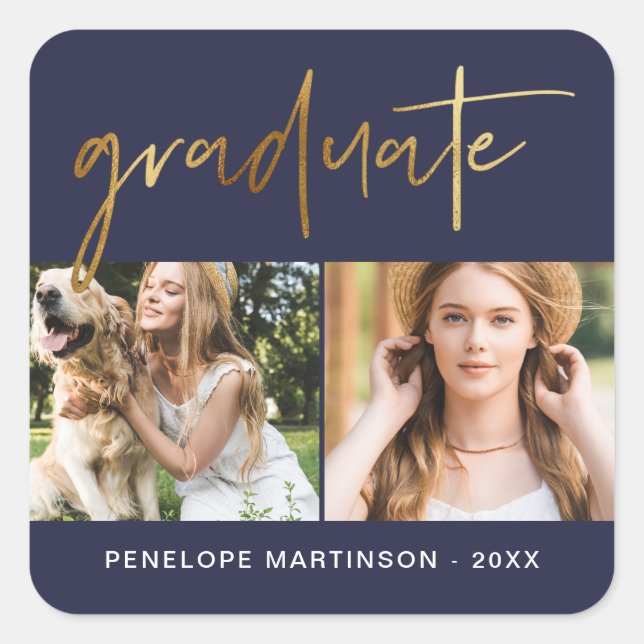 Moderne Imitate Gold Graduate Script Foto Grid Blu Quadratischer Aufkleber (Vorderseite)