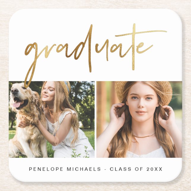 Moderne Imitate Gold Graduate Script Foto Grid Whi Rechteckiger Pappuntersetzer (Vorderseite)