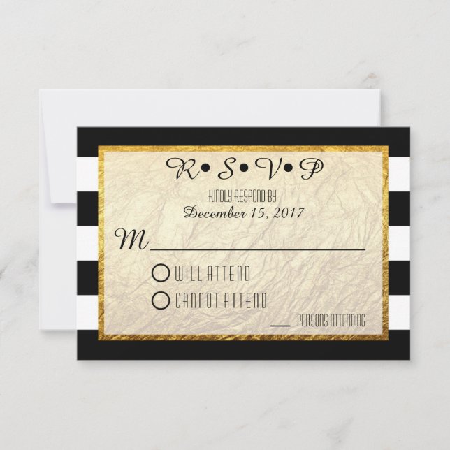 Moderne Imitate Gold Schwarz-weiß Stripe Hochzeit  RSVP Karte (Vorderseite)