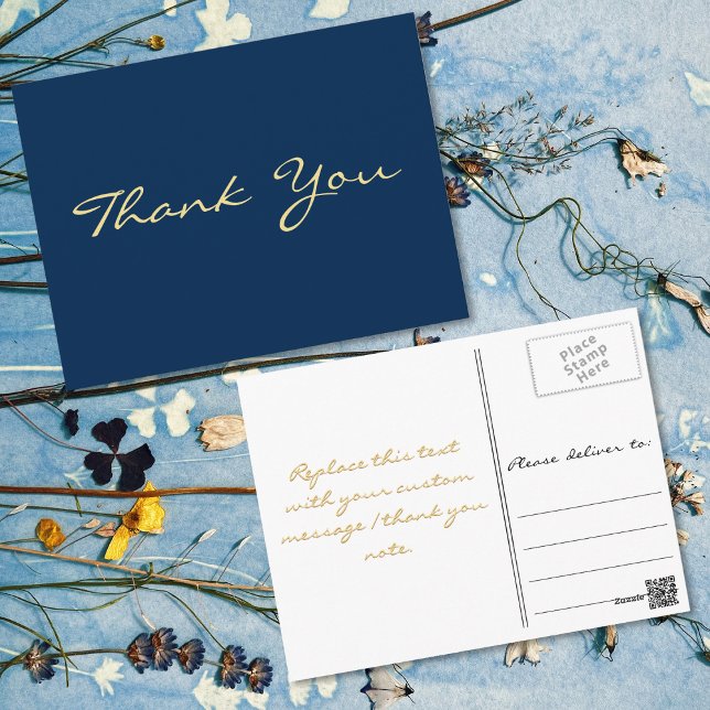 Moderne Imitate Gold Script Blue Abschluss Vielen  Postkarte (Modern Faux Gold Script Blue Graduation Thank You Postcard)