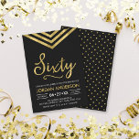 Moderne Imitate Gold Zickzack 60. Geburtstagsparty Einladung<br><div class="desc">Moderne 60. Geburtstagseinladung mit elegantem geometrischem Zickzack und dem Wort "60" in Imitat Gold vor schwarzem Hintergrund. Die Karte enthält ein passendes Muster auf der Rückseite. Karo die passenden Elemente hier http://www.zazzle.com/collections/modern_faux_gold_chevron_celebration_collection-119531050277382712?rf=238364477188679314 Personalisieren Sie sie, indem Sie den Platzhalter-Text ersetzen, um Ihre Informationen hinzuzufügen. Für weitere Optionen klicken Sie auf die...</div>