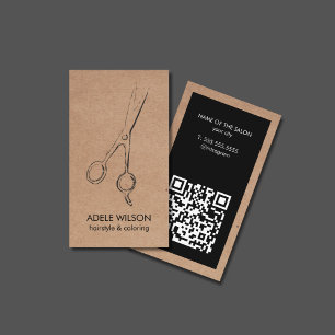Moderne Imitate Kraft Black QR Code Scissors Salon Visitenkarte