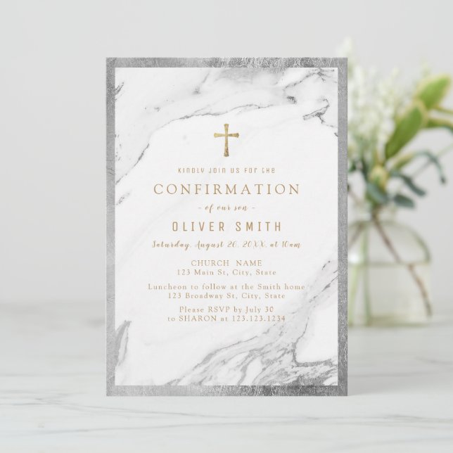 Moderne Imitate mit goldenem Silbermarmor Einladung (Stehend Vorderseite)