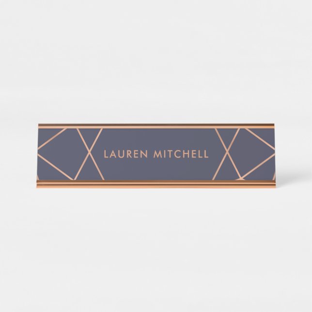 Moderne Imitate Rose Gold Geometrie auf Mitternach Schreibtischnamensplakette (Vorderseite )