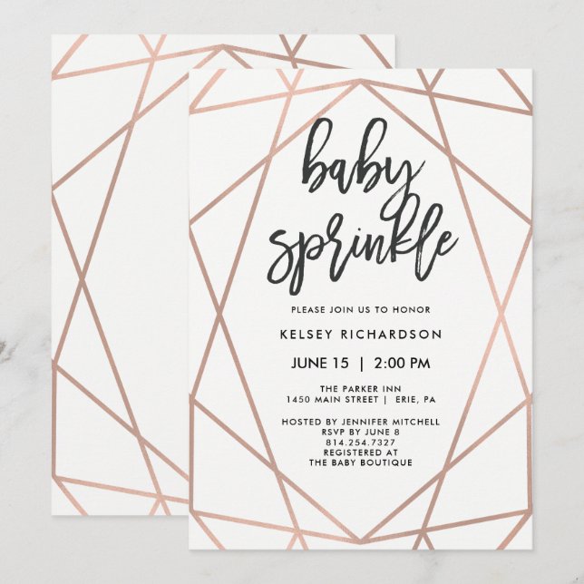 Moderne Imitate Rose Gold Geometrie | Baby Sprinkl Einladung (Vorne/Hinten)