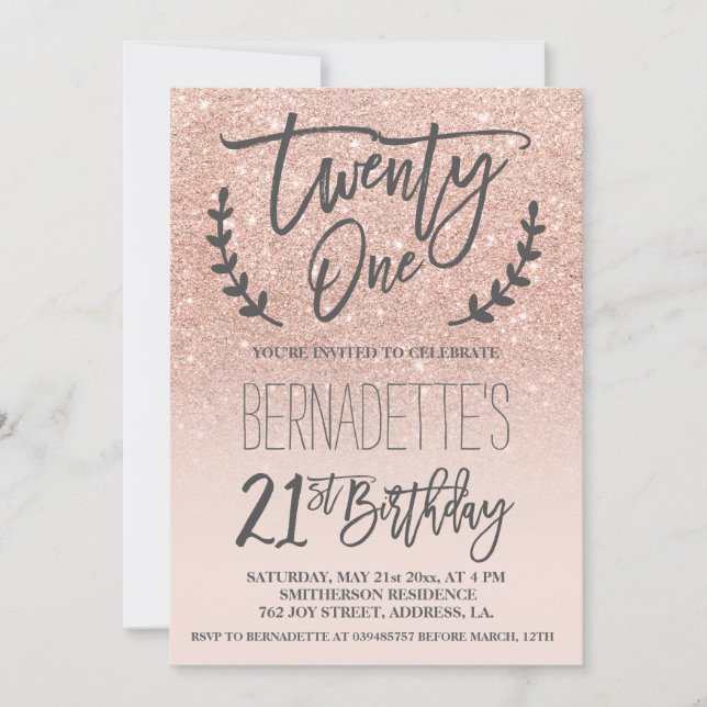 Moderne Imitate Rose Gold Glitzer Drehbuch 21. Geb Einladung (Vorderseite)