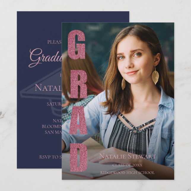 Moderne Imitate Rose Gold GRAD Foto Abschluss Einladung (Vorne/Hinten)