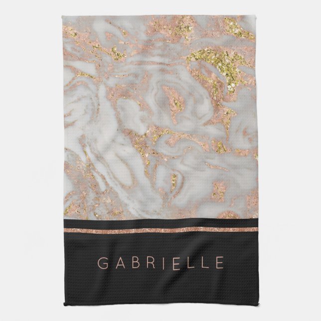 Moderne Imitate Rose Gold Marmor Swirl Monogramm Handtuch (Vertikal)
