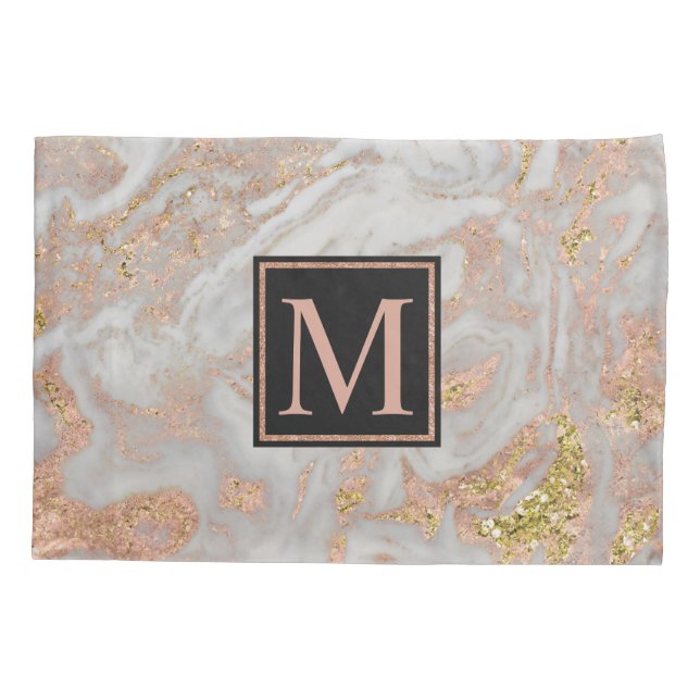 Moderne Imitate Rose Gold Marmor Swirl Monogramm Kissenbezug (Rückseite)