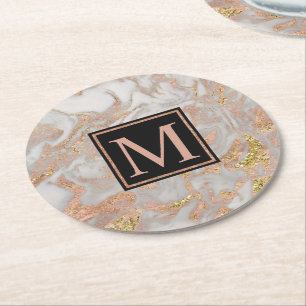 Moderne Imitate Rose Gold Marmor Swirl Monogramm Runder Pappuntersetzer