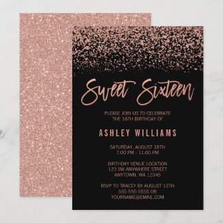 Moderne Imitate Rose Gold Schwarzer Glitzer Sweet  Einladung