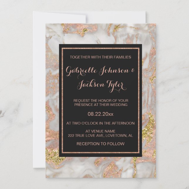Moderne Imitate Rose Goldene Marmorhochzeit Einlad Einladung (Vorderseite)