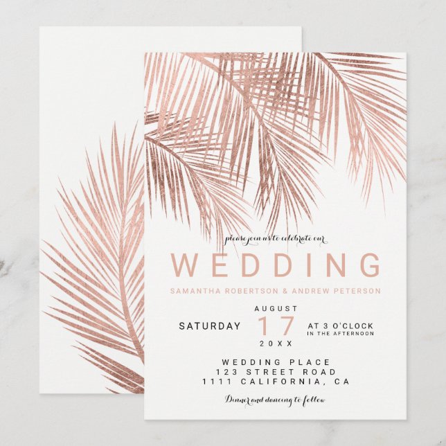 Moderne Imitate Rose Goldene Palmen Hochzeit Einladung (Vorne/Hinten)