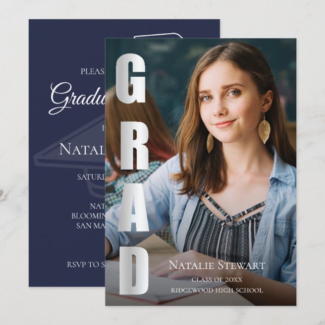 Moderne Imitate Silver Foil GRAD Foto Abschluss Einladung (Vorne/Hinten)