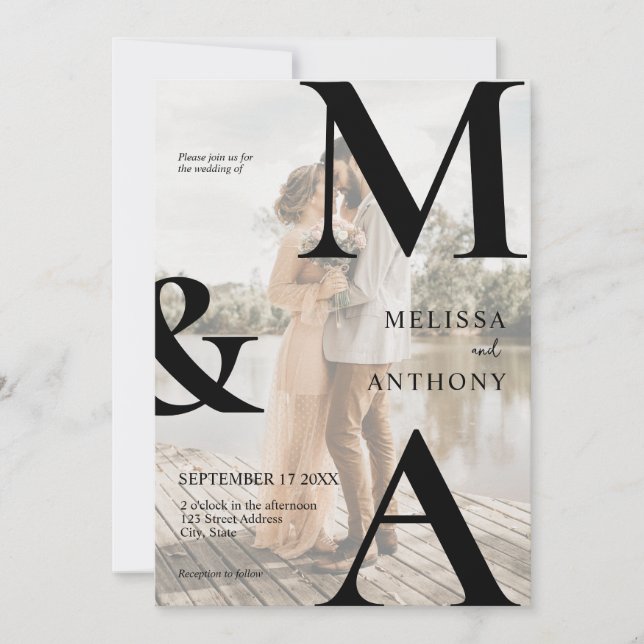 Moderne Imitate Vellum Monogram Foto Wedding Einladung (Vorderseite)