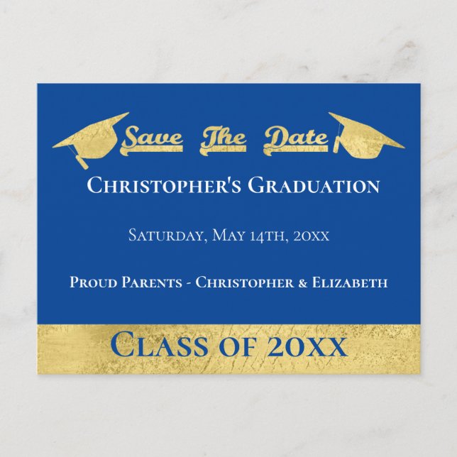 Moderne Imitats Gold Blue Save the Date Graduierun Ankündigungspostkarte (Vorderseite)