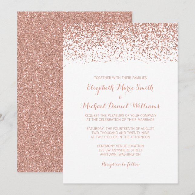 Moderne Imitats Rose Gold Glitzer Hochzeitseinladu Einladung (Vorne/Hinten)