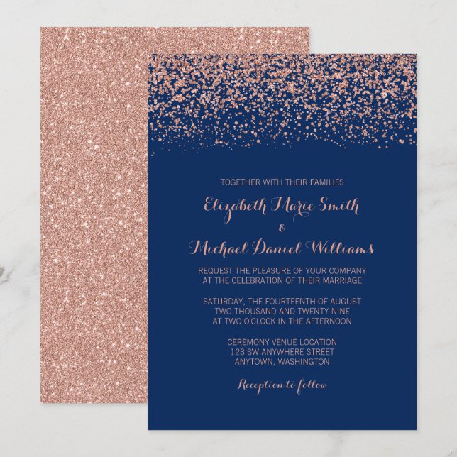 Moderne Imitats Rose Gold Navy Blue Glitzer Hochze Einladung (Vorne/Hinten)