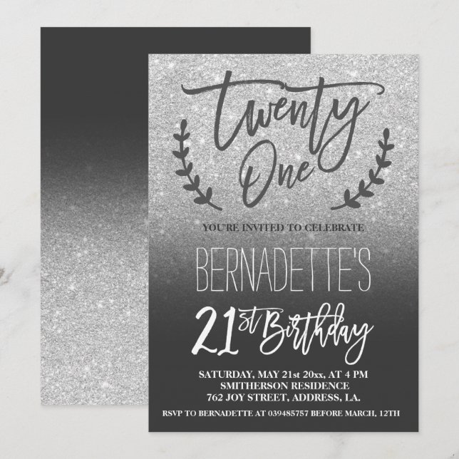 Moderne Imitats Silber Glitzer Drehbuch 21. Geburt Einladung (Vorne/Hinten)