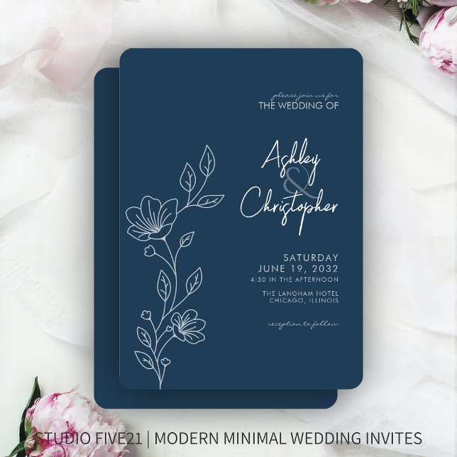 Moderne Indigo Blue Foliage Kontur Hochzeit Einladung (Von Creator hochgeladen)