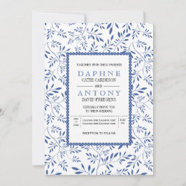 Moderne indigoblaue Blätter Muster Hochzeit Einladung